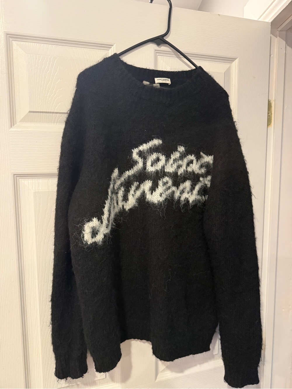 Saint Laurent Black Crewneck Sweater with White Script Logo